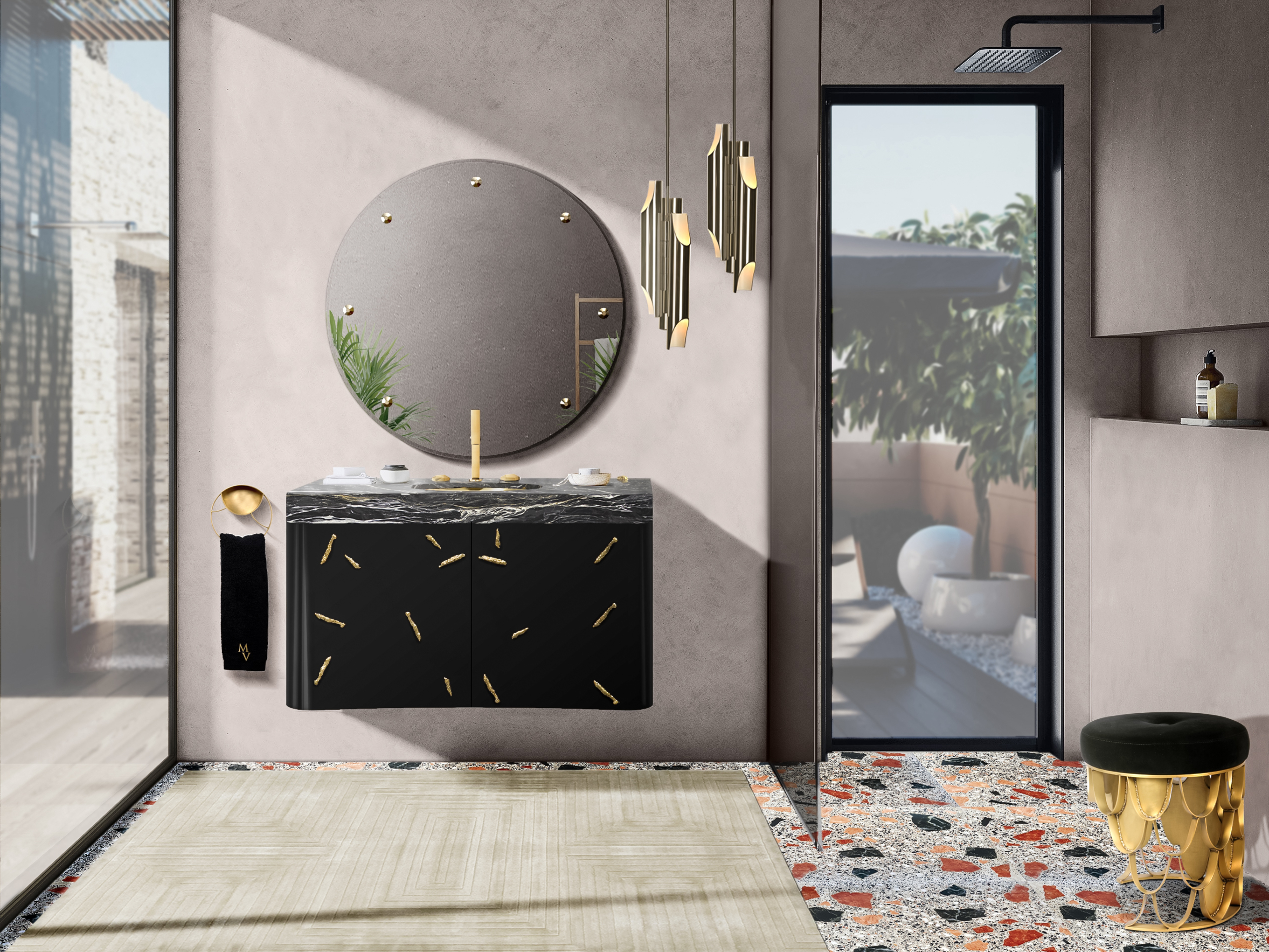 Beautiful and Contemporary bathroom with the White Garden&nbsp;rug by Rug'Society