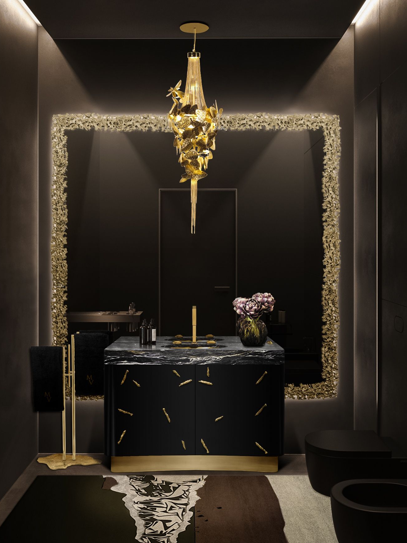 Dark Bathroom Ambiance with the Eclectic Disruption&nbsp;Rug by Rug'Society