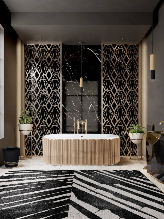 ELEGANCE AND OPULENCE CONVERGE IN THIS EXQUISITE BATHROOM OASIS WITH THE PALM RUG - Rug'Society