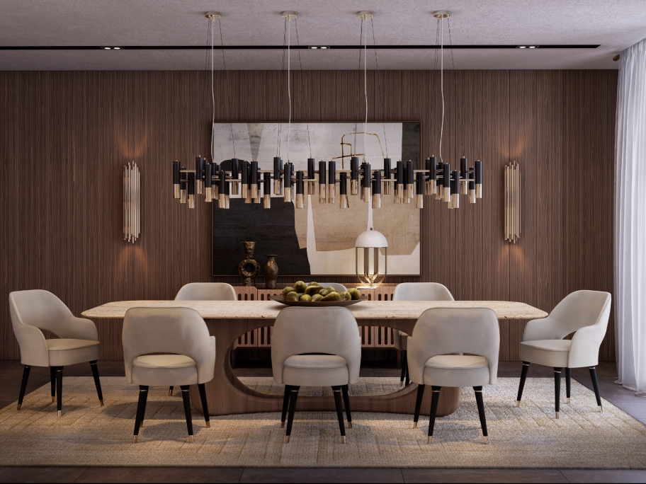 Elegant Mid-Century Dining Room With White Garden Rug - Rug'Society