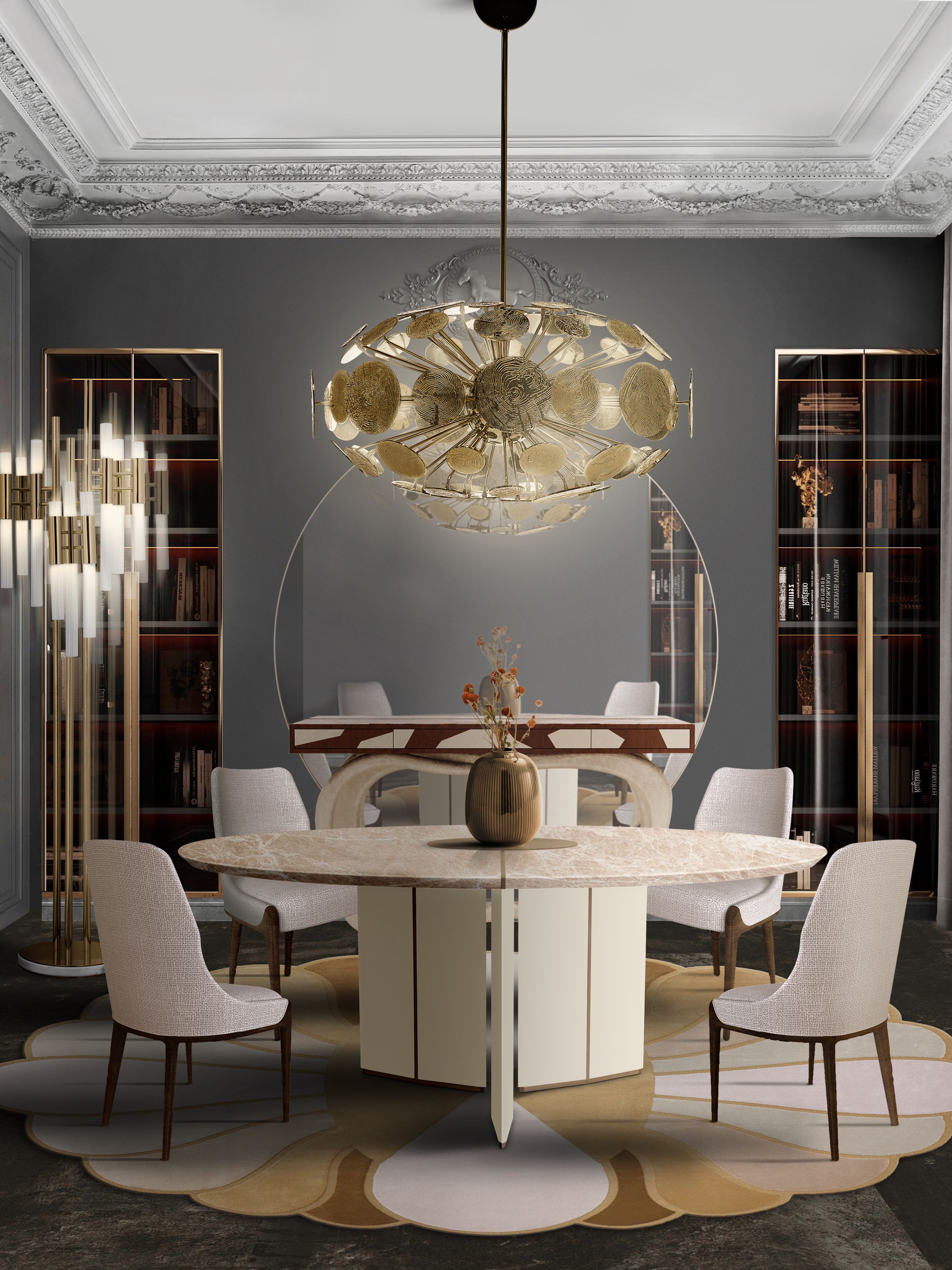Gold and White, a Truly Eclectic Dining Room with Illustrious Mermaid&nbsp;Rug by Rug'Society