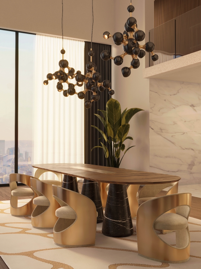 Gold Tones Contemporary Dining Room With Cell&nbsp;Rug by Rug'Society