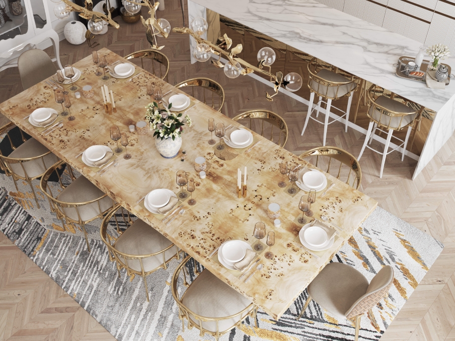 Luxurious Dining Room With Gold Hues With Xisto&nbsp;Rug by Rug'Society