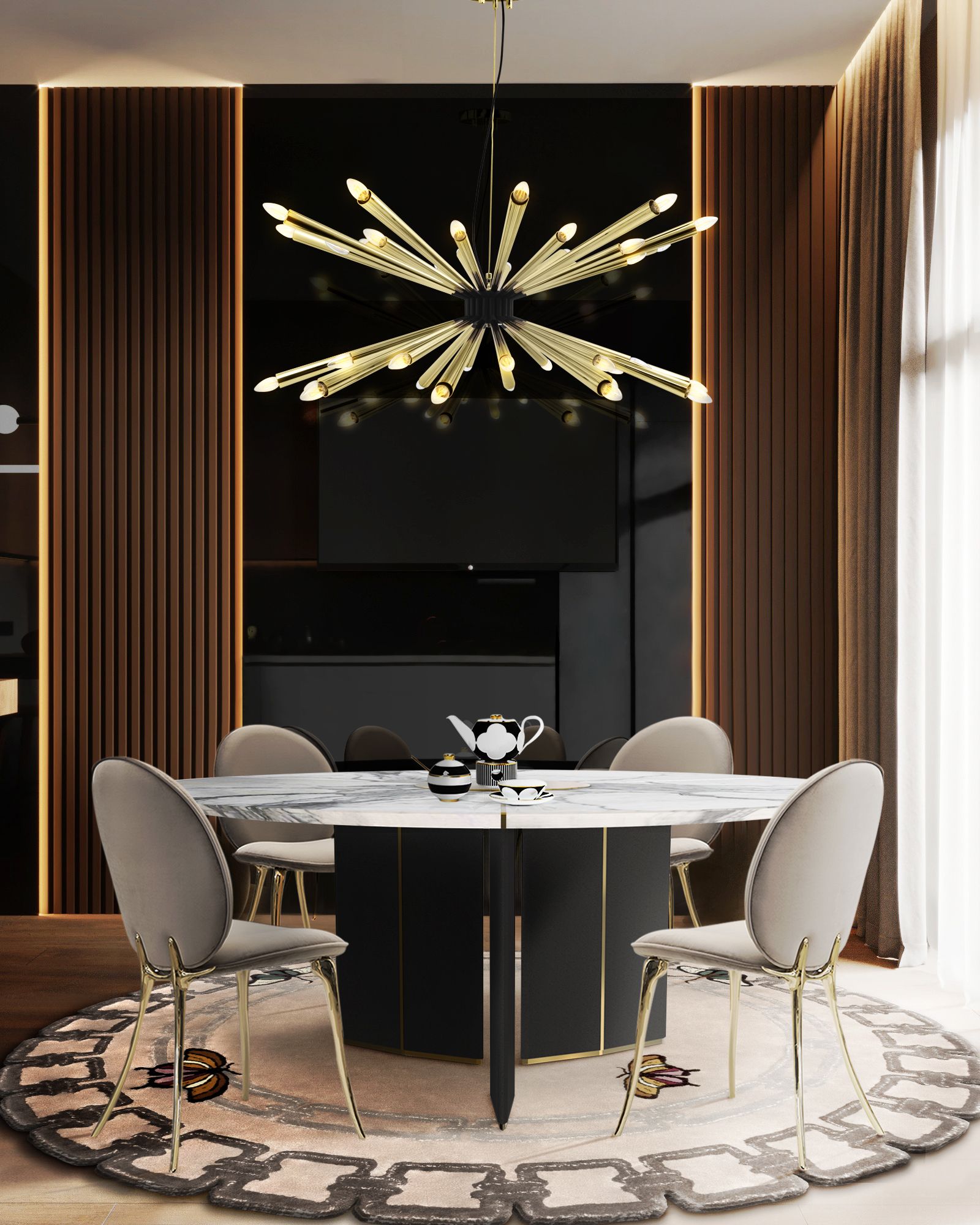 Luxurious Dining Room With Metamorphosis Round&nbsp;Rug by Rug'Society
