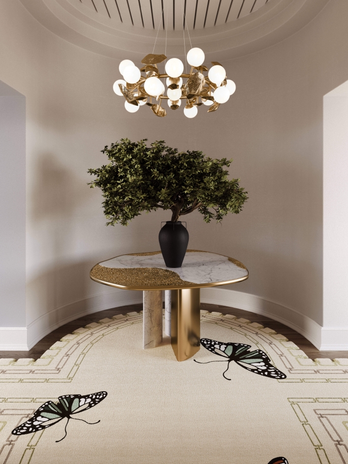 Luxurious Gold Tones Hallway With Metamorphosis Rug - Rug'Society