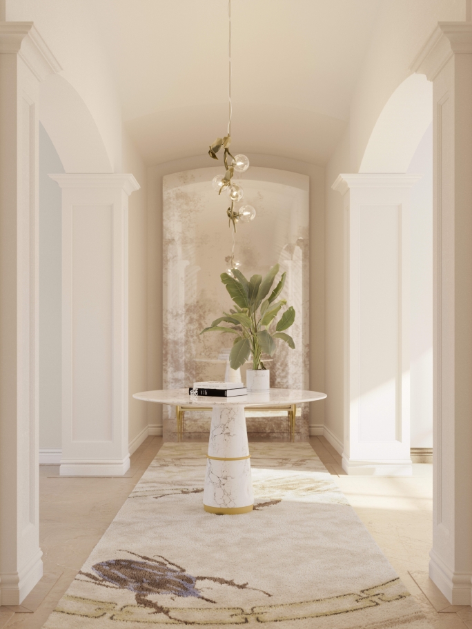 Luxurious Neutral Hallway Design With Golden Bugs II Rug - Rug'Society