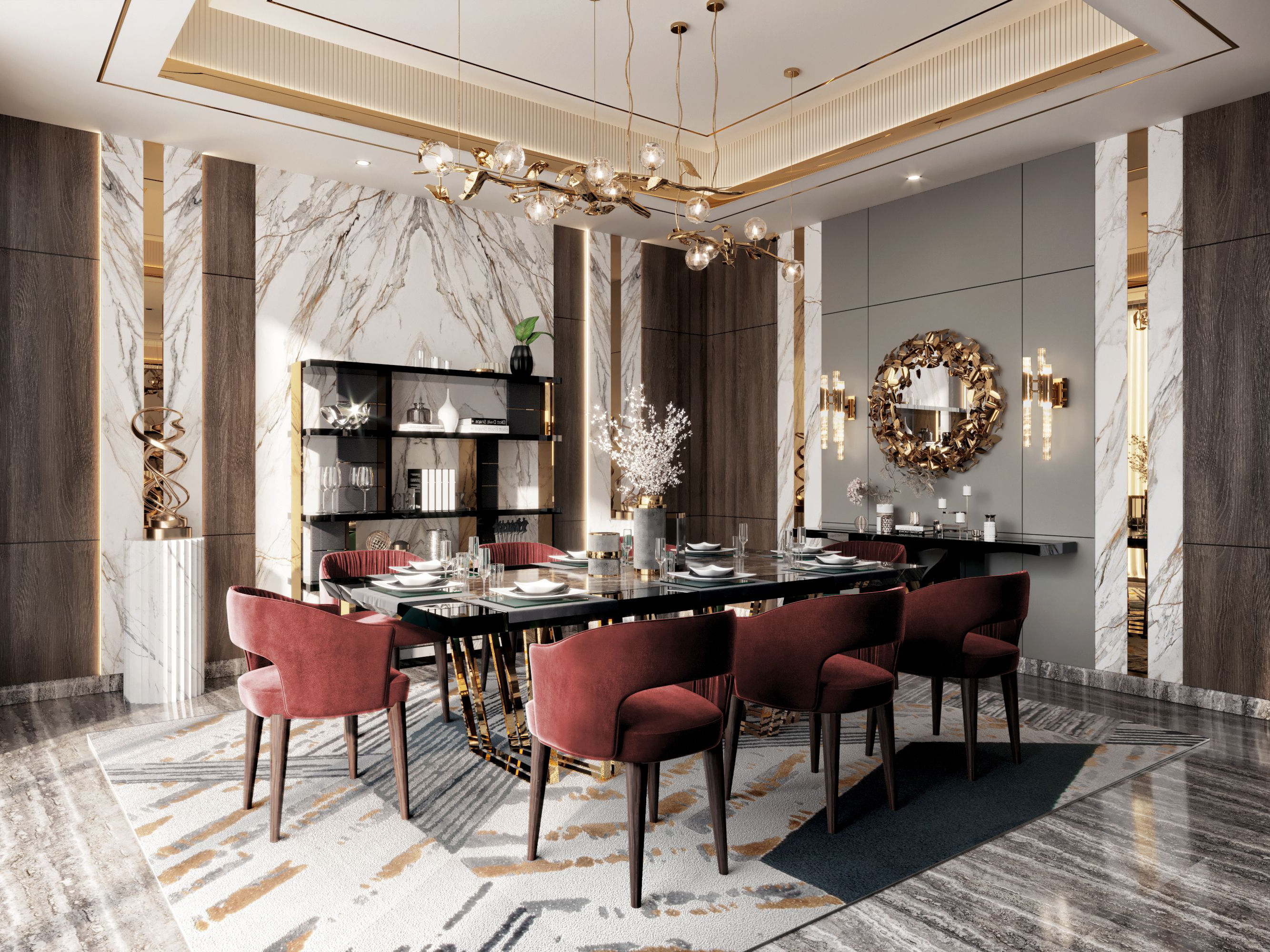 Modern Dining Room With Golden Accents and Xisto&nbsp;Rug by Rug'Society