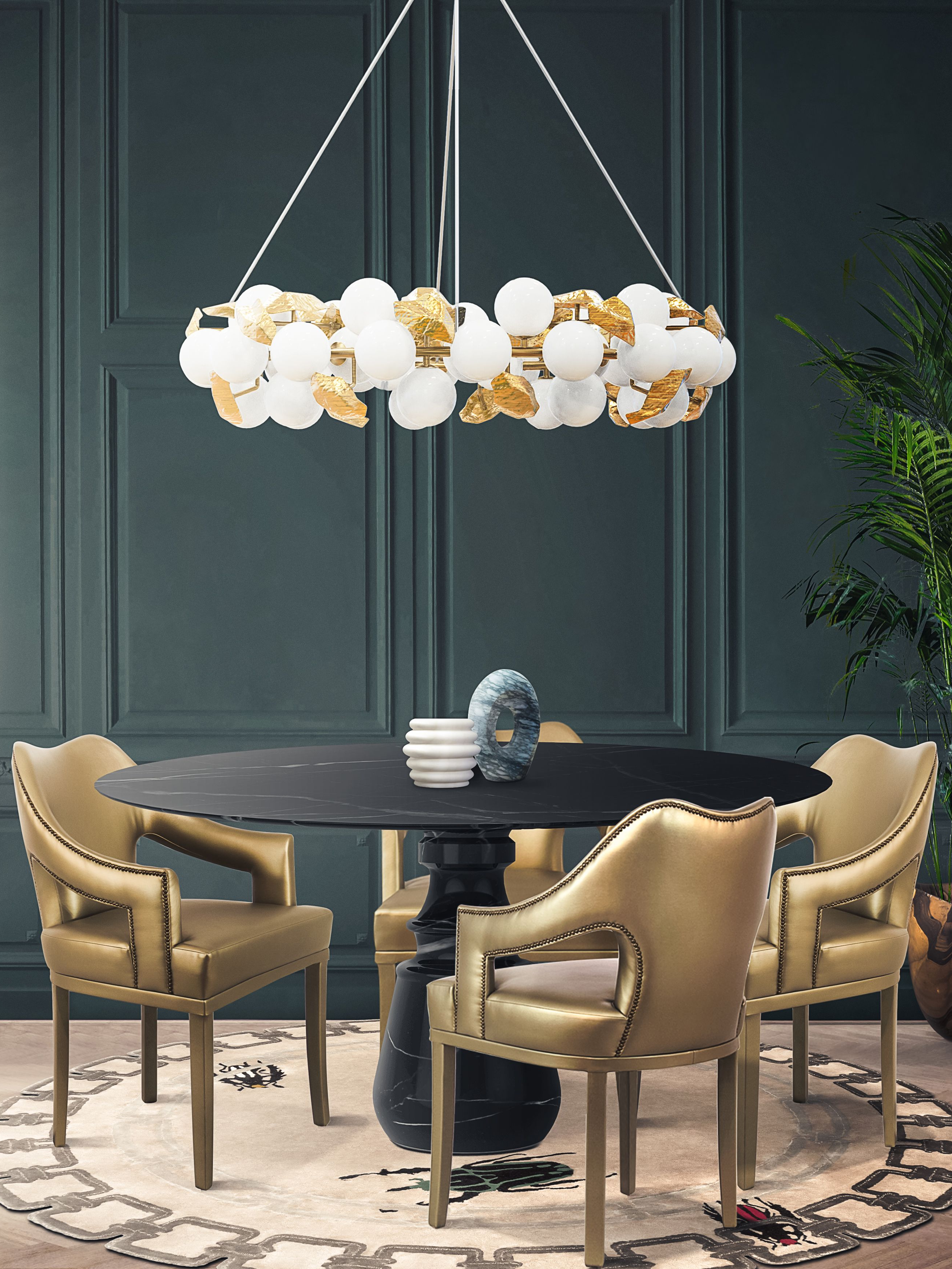 Modern Dining Room with Golden Hues and the Golden Bugs&nbsp;Rug by Rug'Society