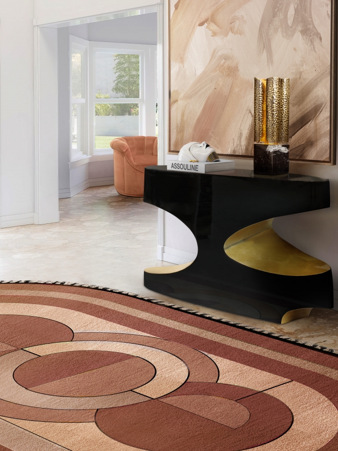 MODERN HALLWAY WITH THE KLEOPATRA RUG INSPIRED BY the Pantone Color of the Year - PEACH FUZ - Rug'Society