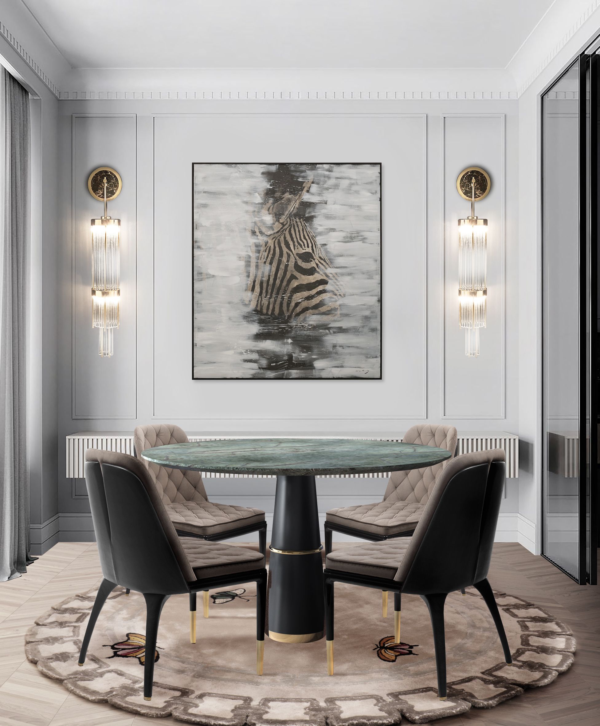 Modern Luxury Dining Room With Metamorphosis Round&nbsp;Rug by Rug'Society