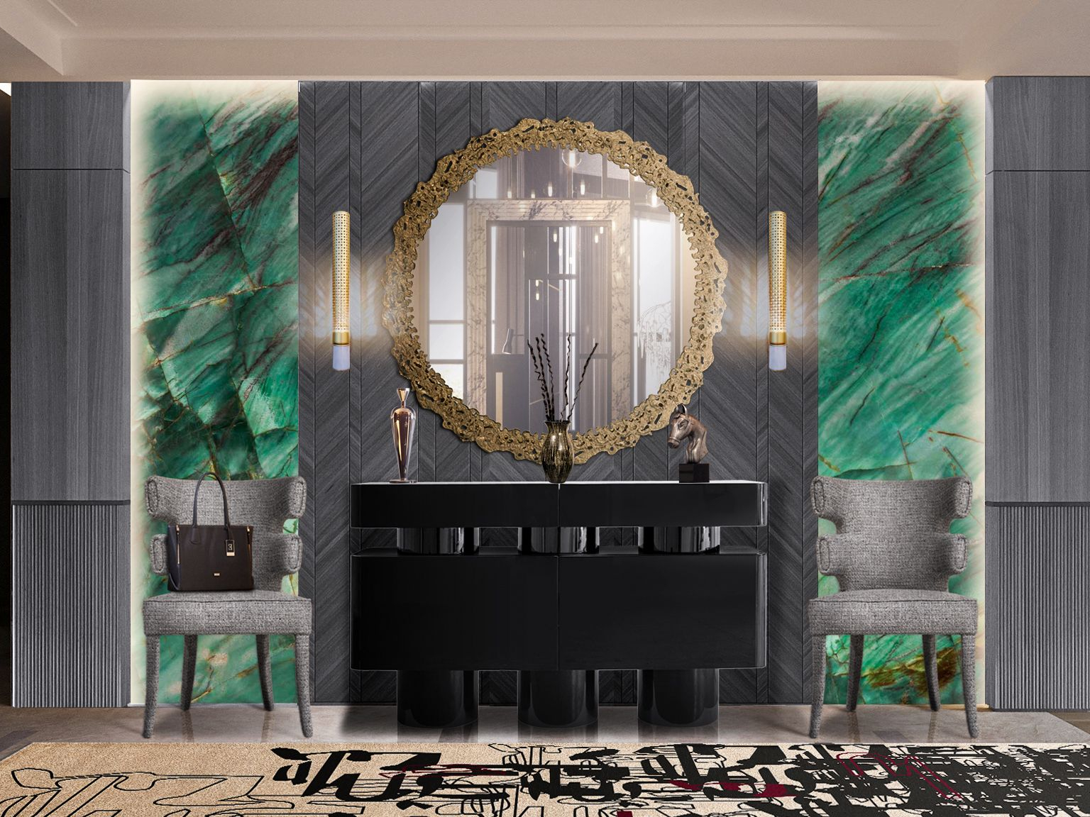 Naturally Green and Black Hallway Design with the Inkblind II&nbsp;Rug by Rug'Society