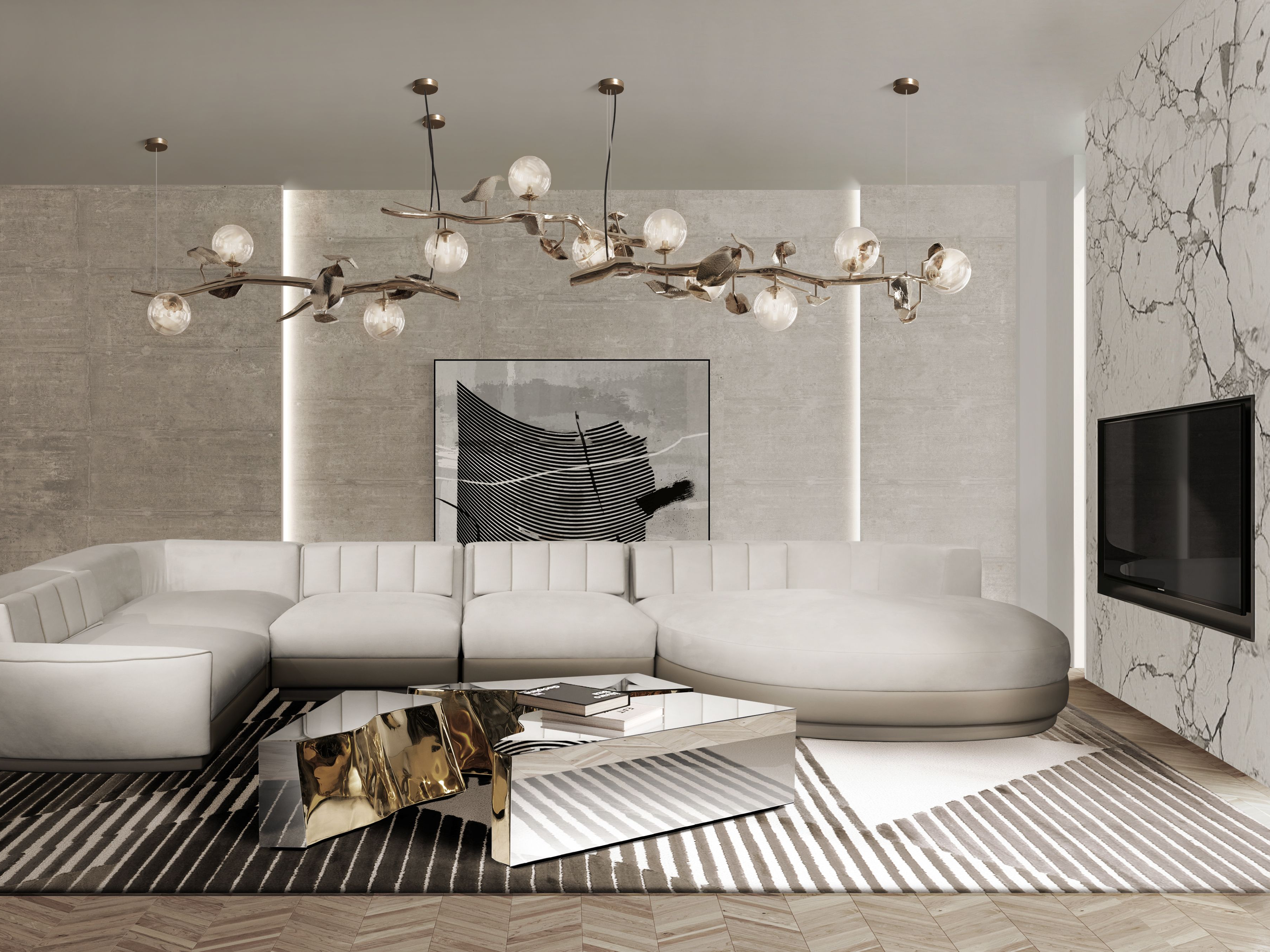 Neutral Modern Living Room With Air Geometric&nbsp;Rug by Rug'Society