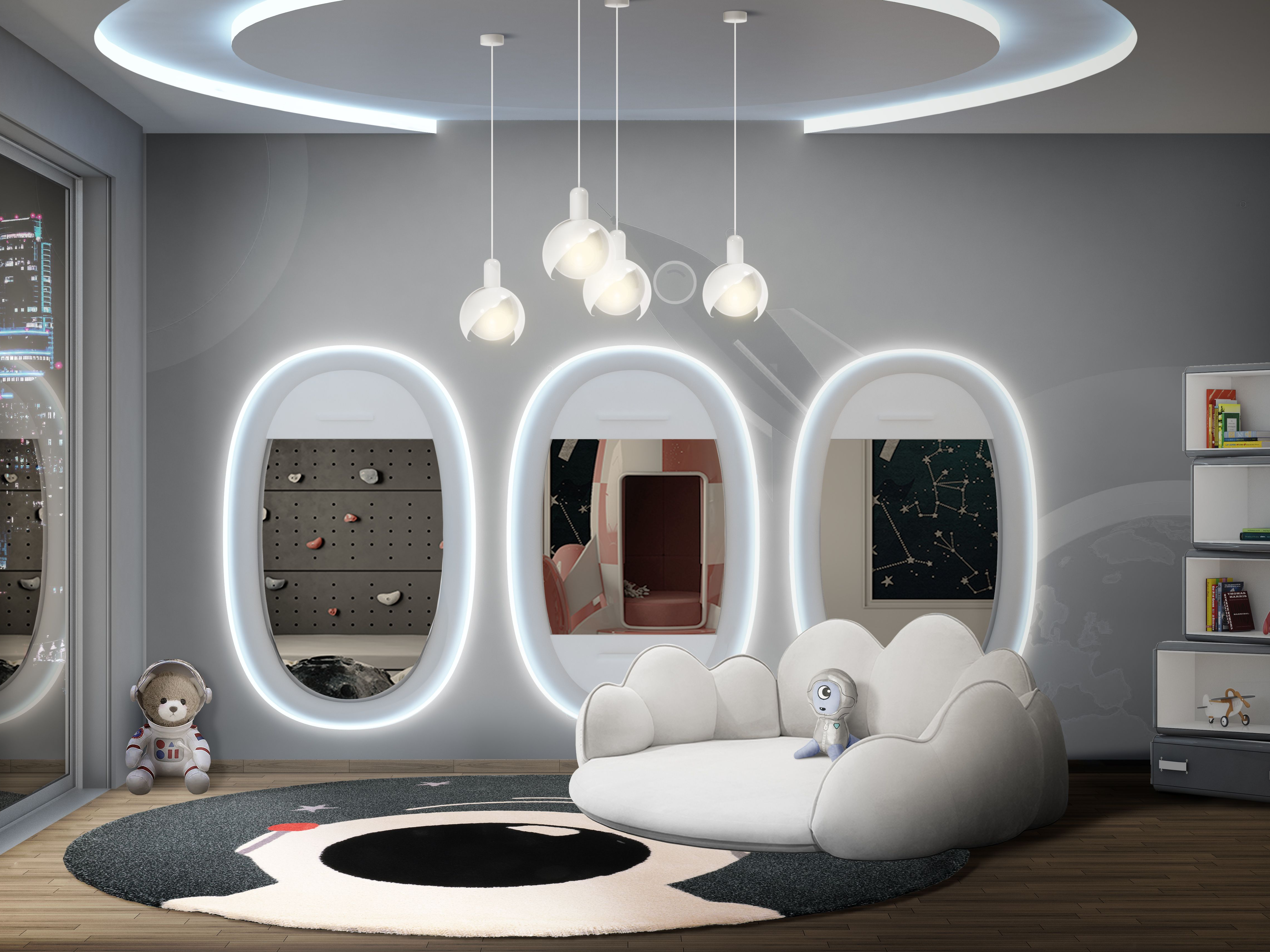 One-of-a-kind space-inspired bedroom with the Astroman&nbsp;rug by Rug'Society