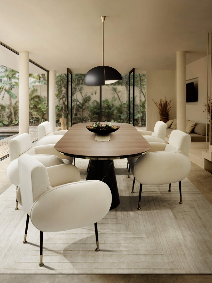Serene Mid-Century Dining Room With White Garden Rug - Rug'Society