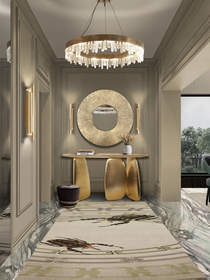 Sophisticated Gold Tones Hallway With Golden Bugs II Rug - Rug'Society