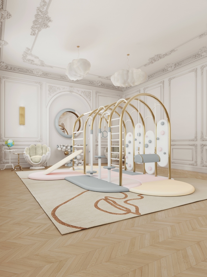 Whimsical Playroom in Pastel Tones With Taupe Rug - Rug'Society
