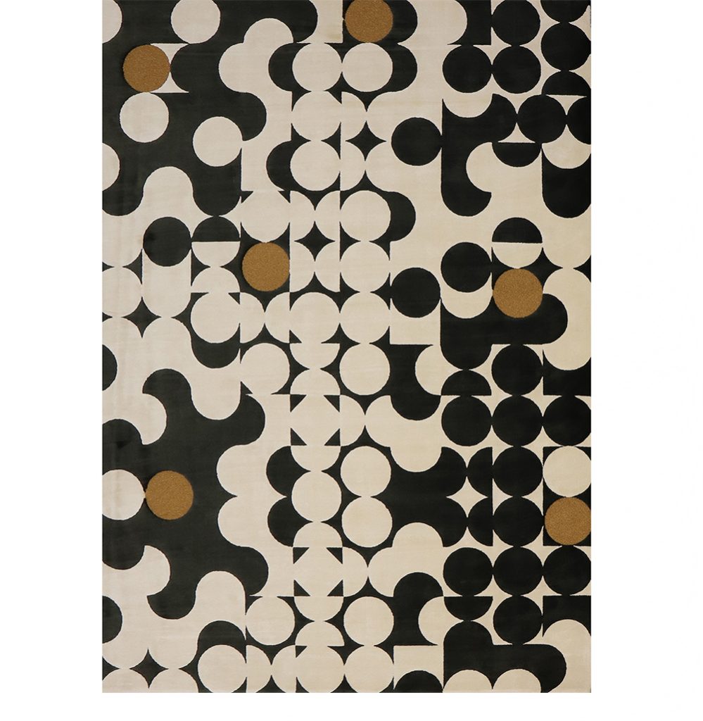 modern contemporary area rug with black and neutral circular pattern. 6 Incredible Interior Design Projects By Dorothée Meilichzon