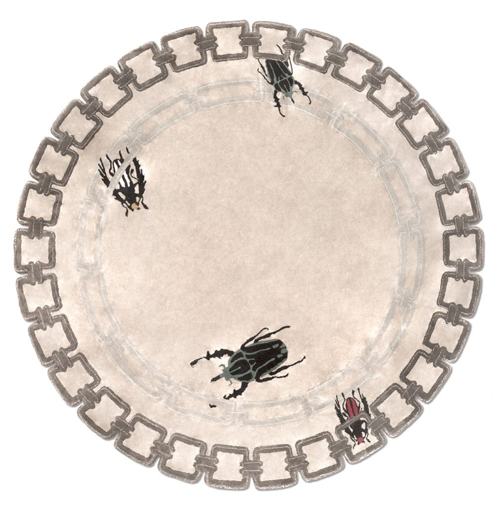 round rug in neutral nude colors with bug design. The Best Round Dining Table Sets To Pair With A Round Rug