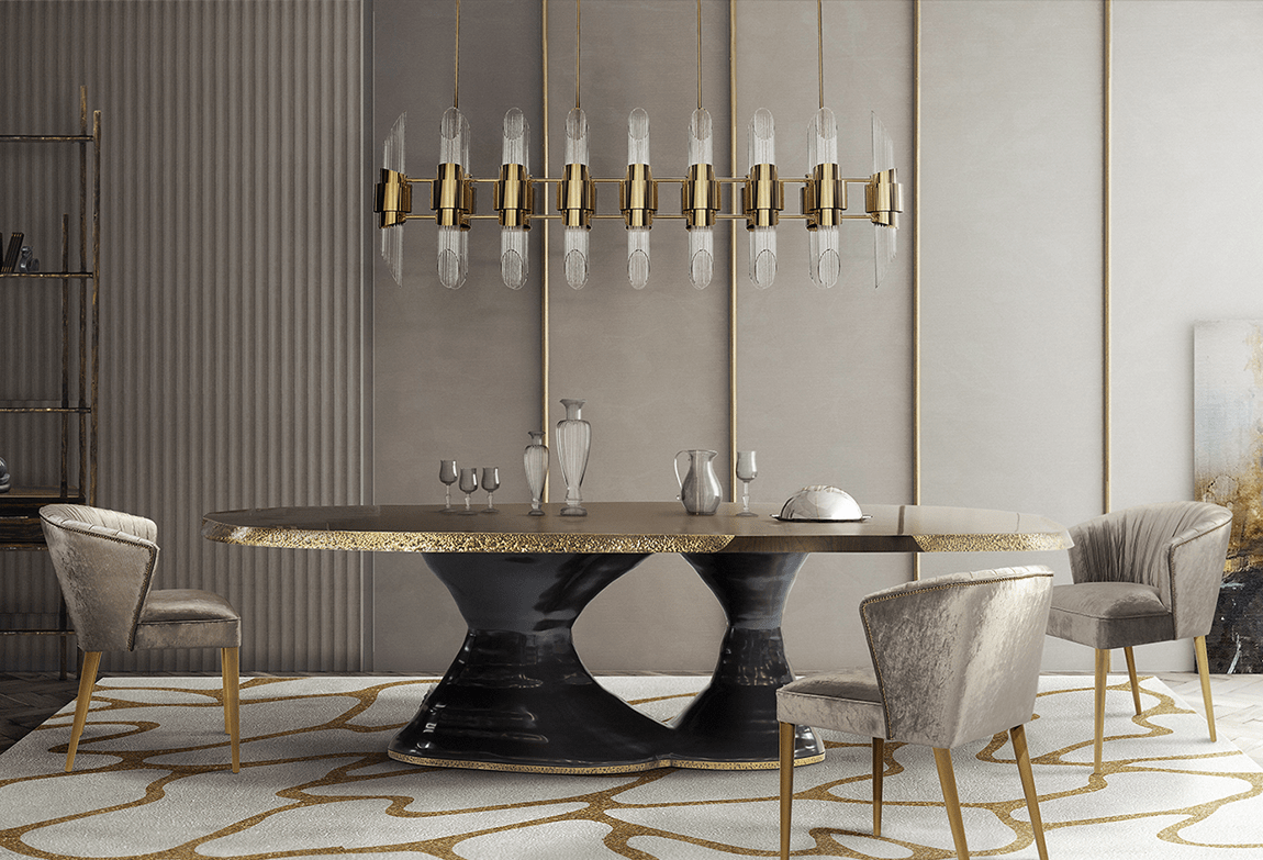The cell rug decorates the floors of this dining room