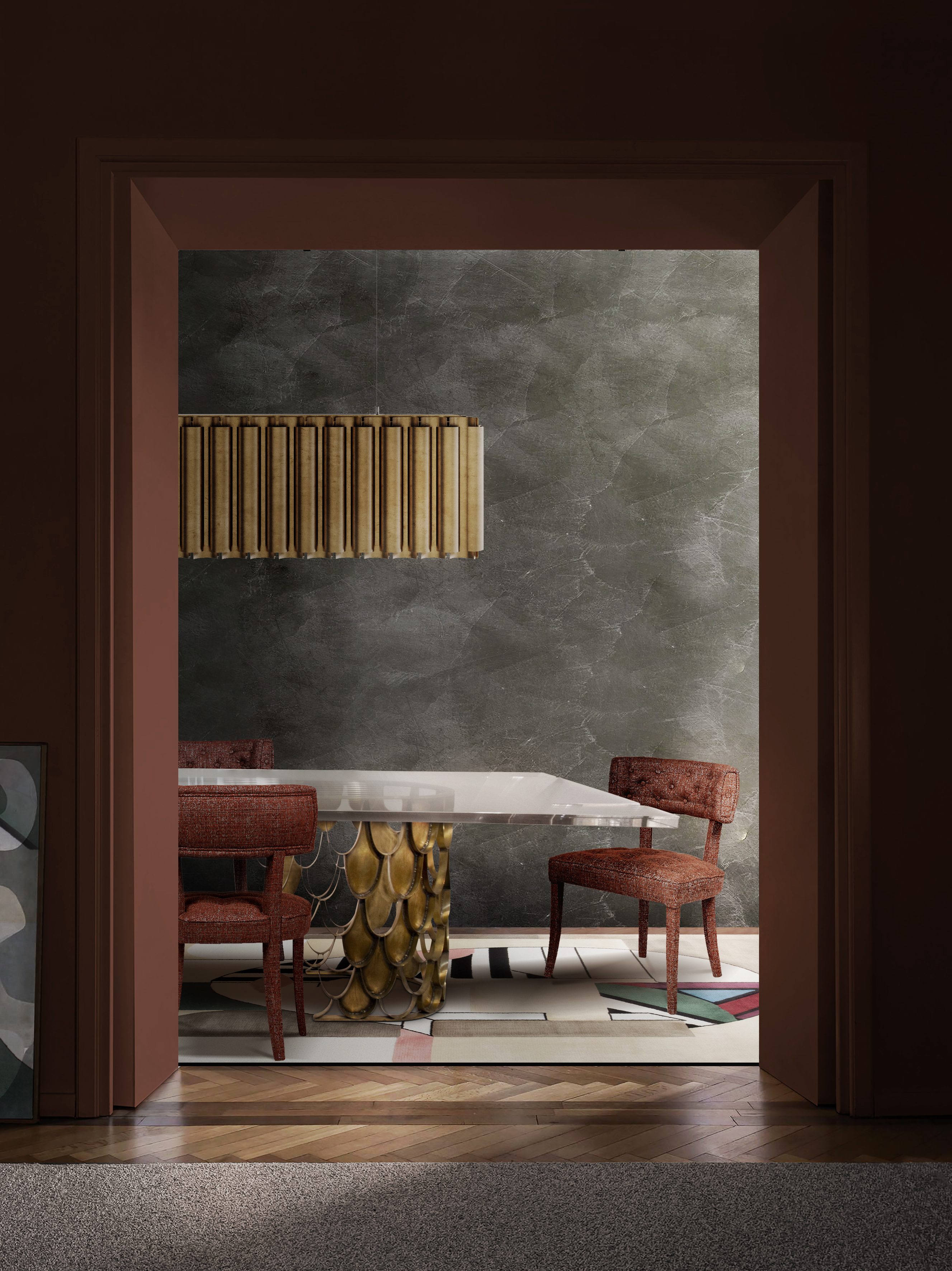 modern dining room with oscar rug