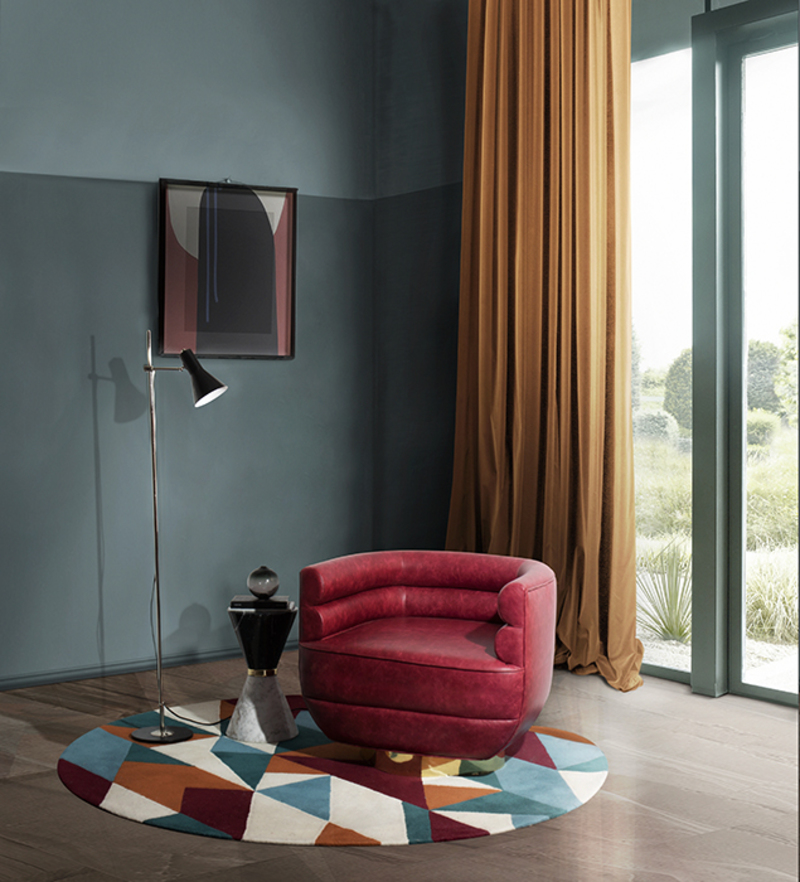 A contemporary mid-century reading corner with the geometric round rug, the AUDREY RUG pairs nicely with the red armchair. 10 Insane Modern Rugs For A Stylish Interior