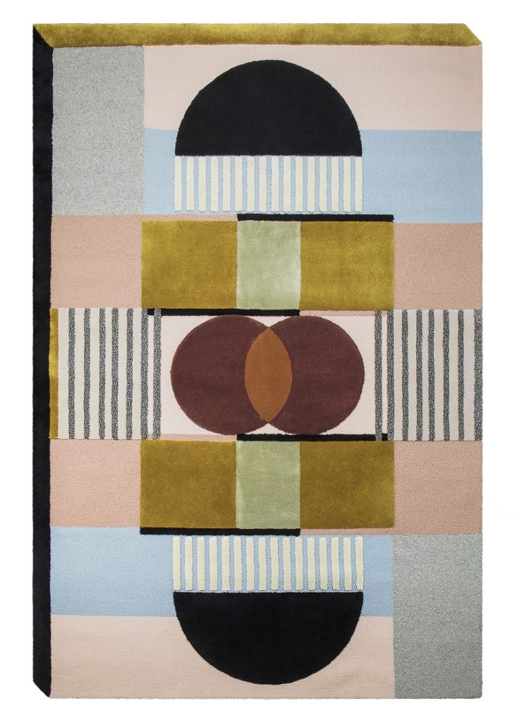 Isaac Rug - a contemporary mid-century area rug with a variety of geometric shapes in pastel colors. Fall Mood boards For Interior Design 2022