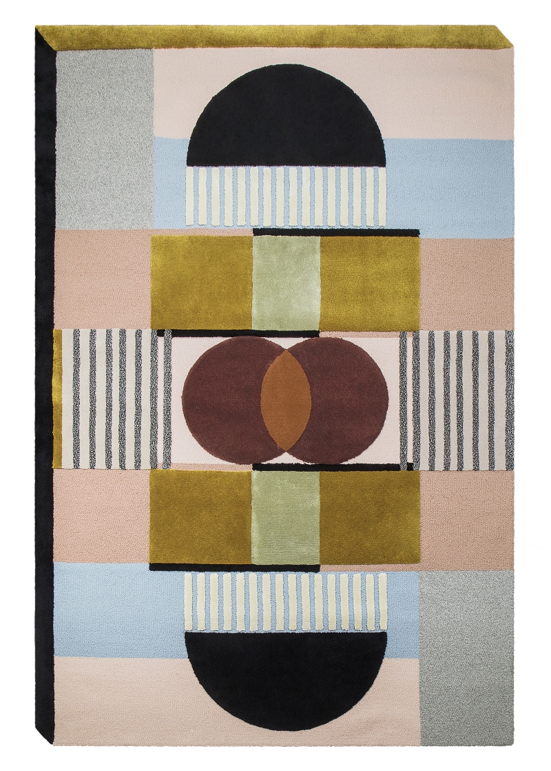 Isaac Rug - a contemporary mid-century area rug with a variety of geometric shapes in pastel colors. Home Decor Trends 2022
