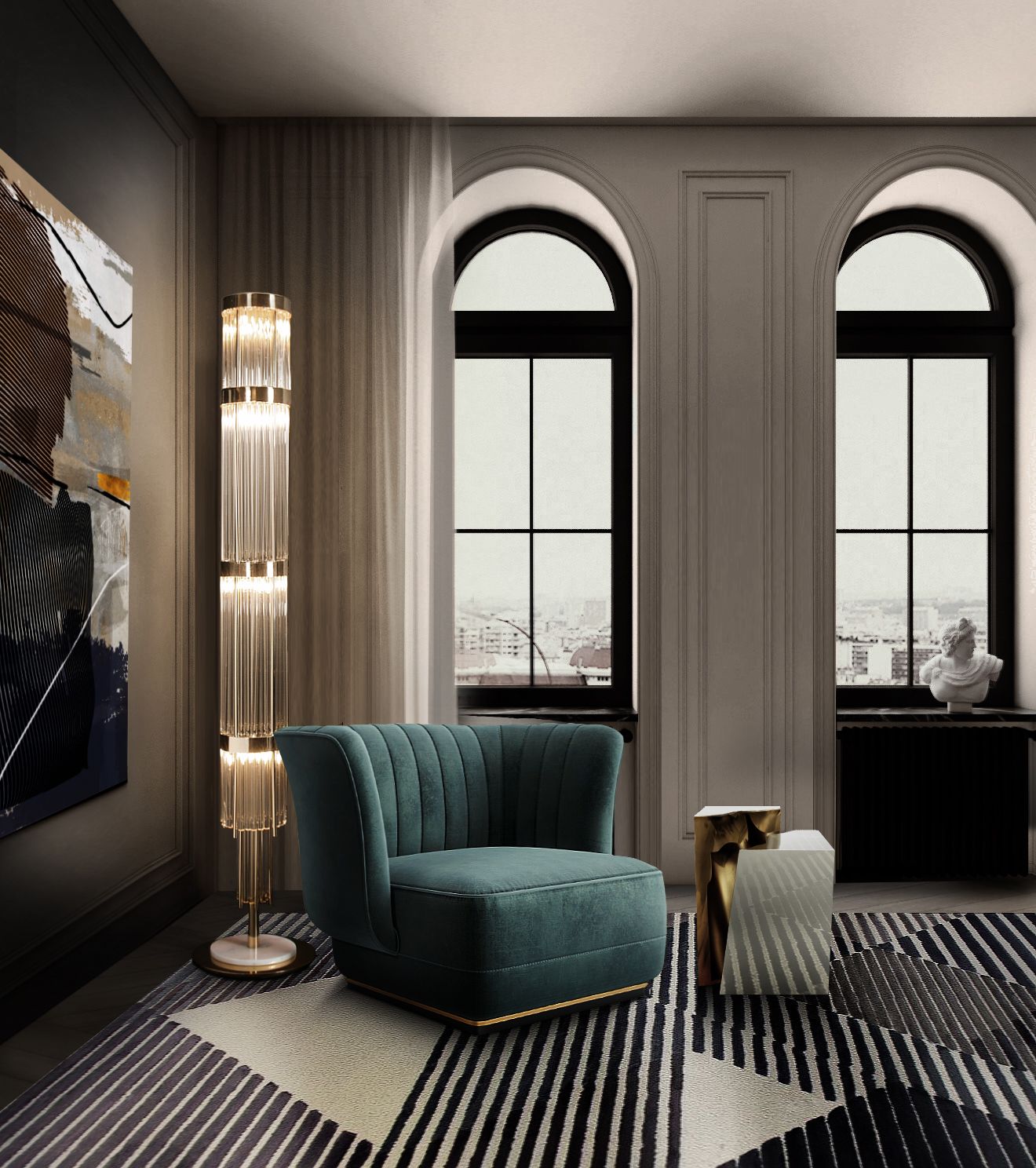 STYLISH LIVING ROOM WITH AIR GEOMETRIC RUG