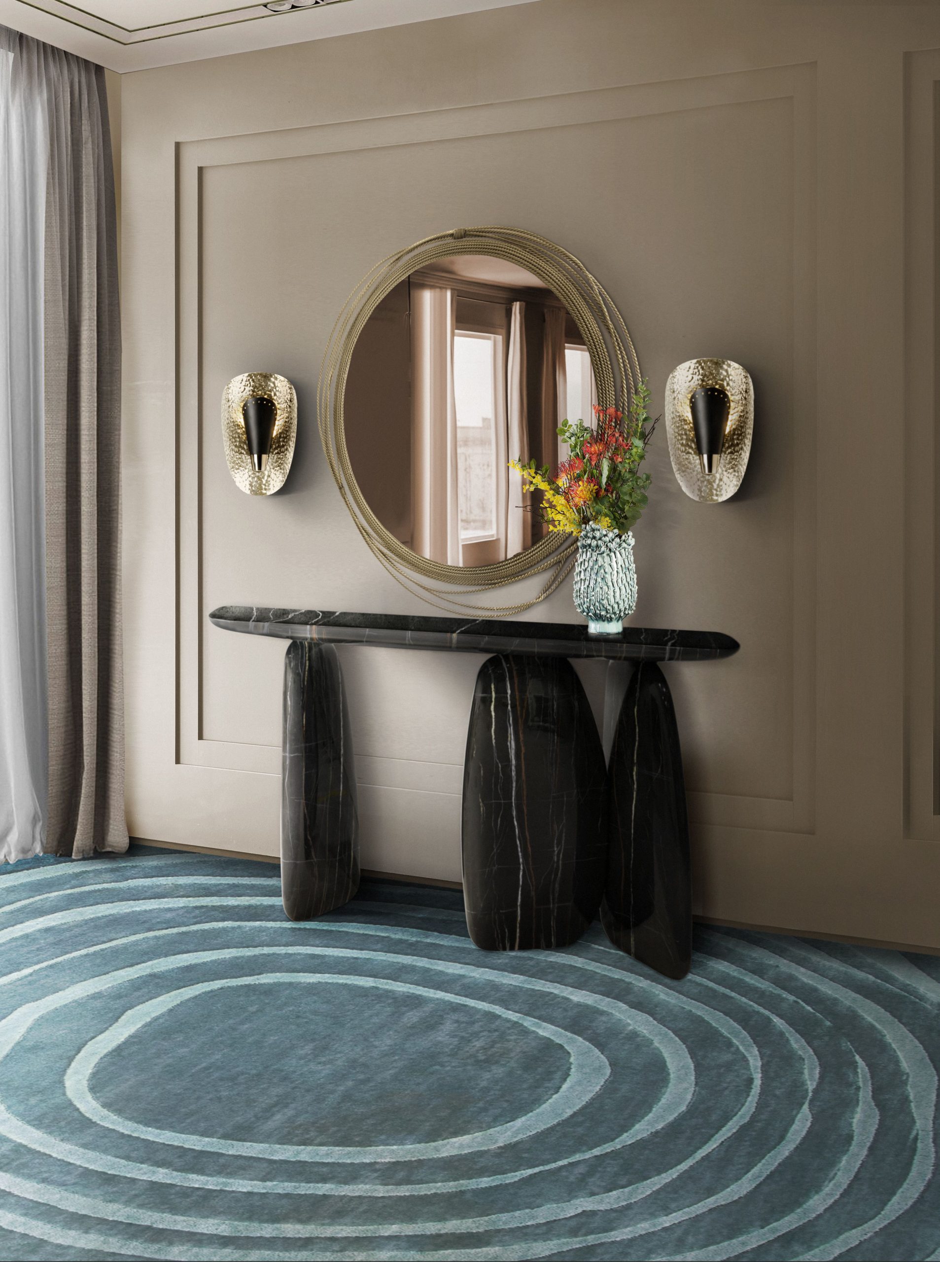 CONTEMPORARY HALLWAY WITH AREA BLUE RUG