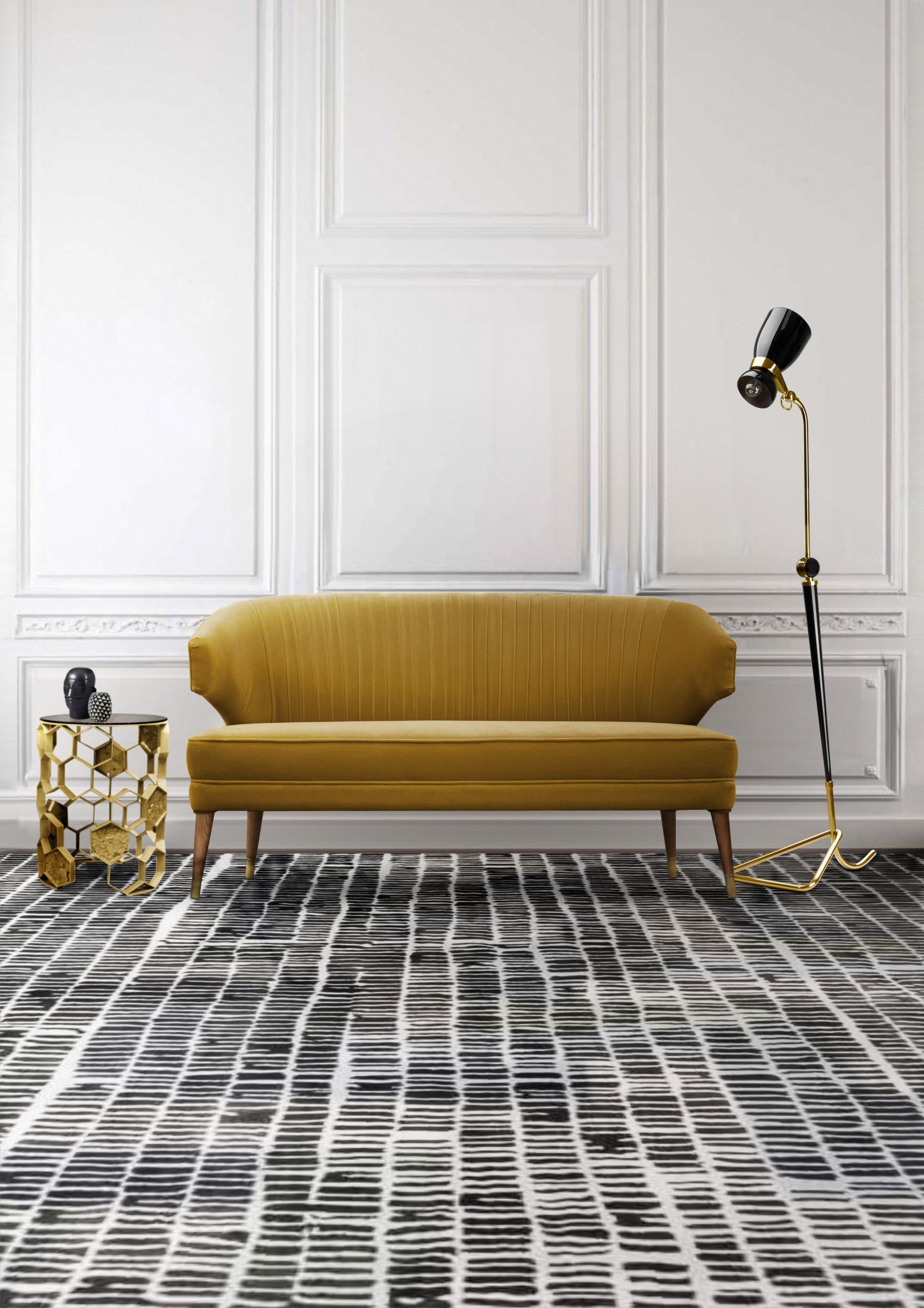 LIVING ROOM WITH A MINIMALIST DESIGN AND THE COLL AREA RUG
