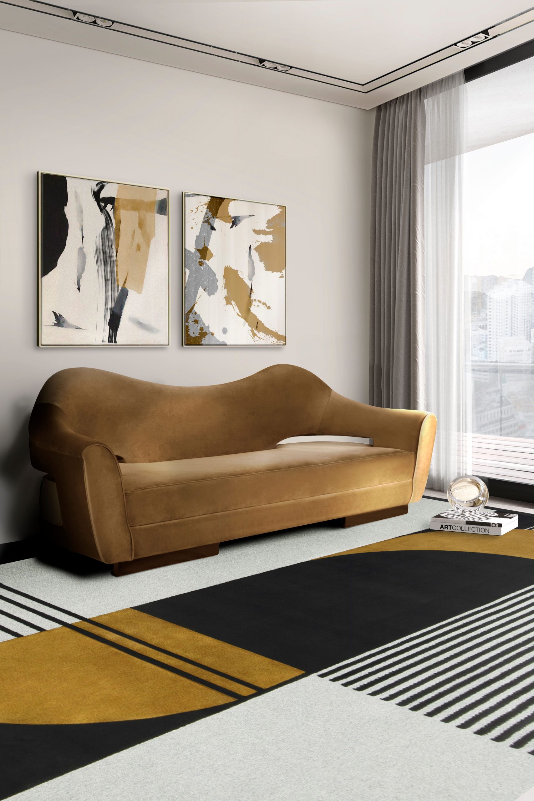 MODERN CONTEMPORARY LIVING ROOM WITH ANTELOPE COLORFUL RUG