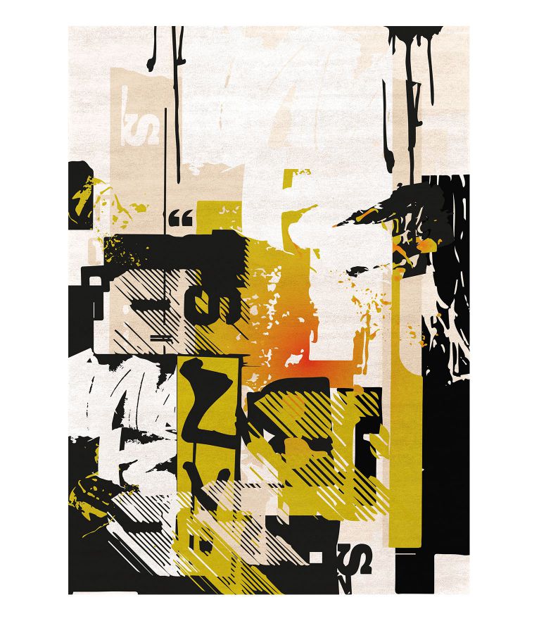 modern urban rug in black and white with a bit of orange. Street art inspired rug. Graffinesque. 8 Modern Rugs For A Dashing Living Room Decor