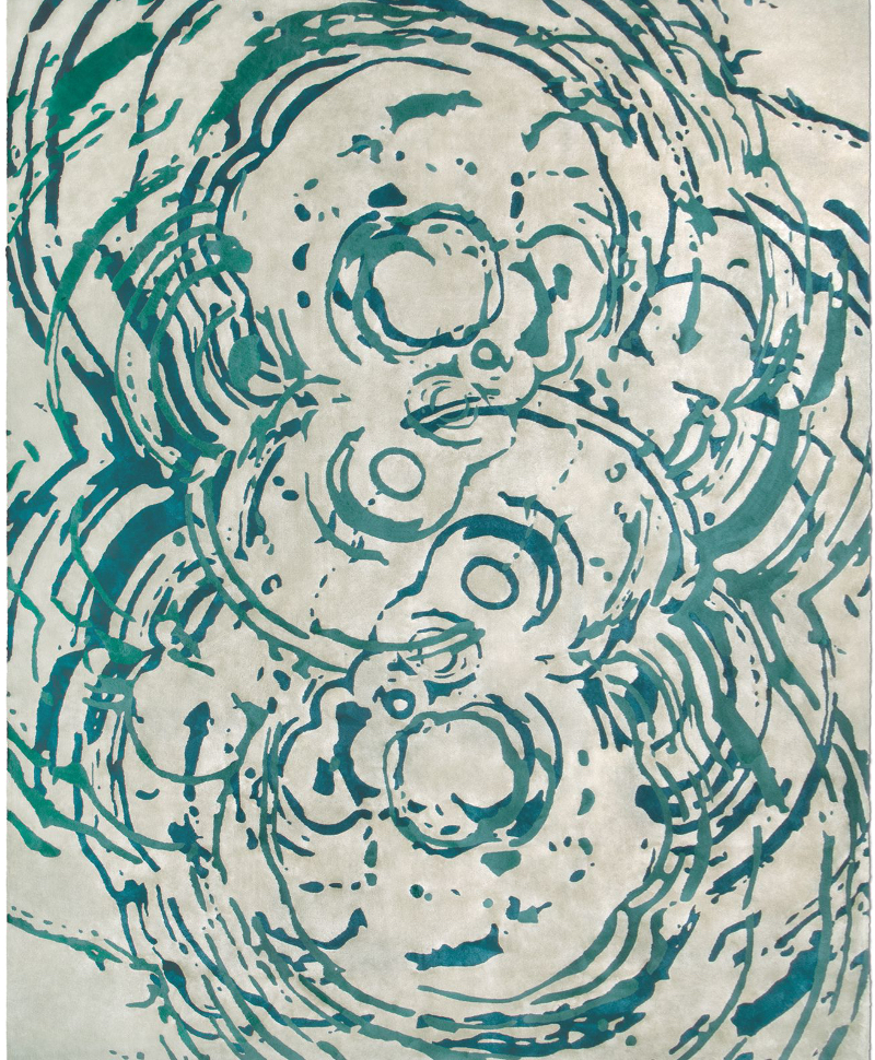 blue and white area rug with fresh design and fluid pattern. ideas for hall decor.