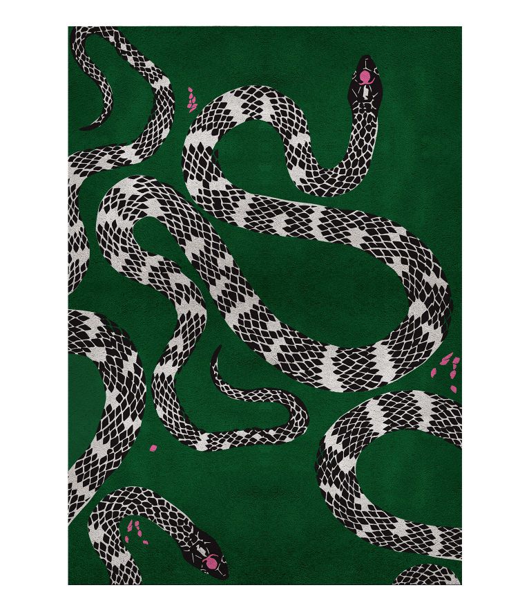 green contemporary area rug with a snake pattern that stands out against the vibrant green background. The Best Botanical Rugs With A Mystical Aura