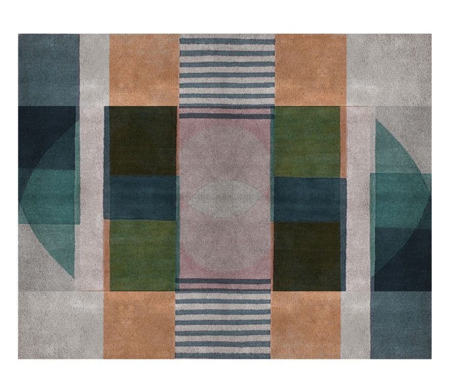 modern contmporary geometric rug in tones of gray, brown and blue for modern mid-century interior decor. Minimalist and Elegant Dining Room Area Rugs