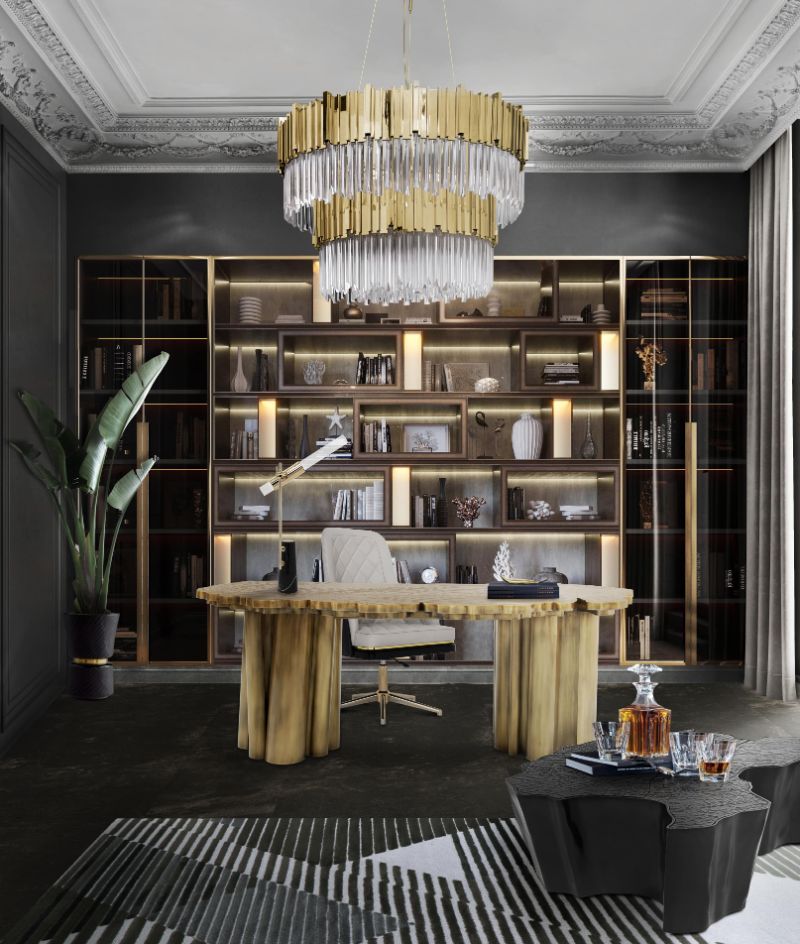 Modern office with the dêco irregular area rug is an innovative handmade rug to style your office. The white and light gray colors of the rug will add glamour and sophistication to your office. it matches well with a black desk and to your neutral-colored walls.