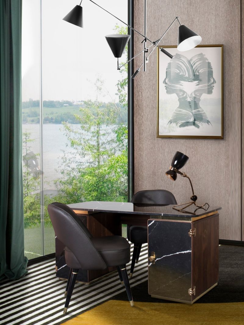 Modern Midcentury office with the geometric Antelope Rug. This rug with its interesting pattern adds a nice touch to the room and gives a more modern look. The color palette is connected to earth tones thanks to its brown and black colors which makes it an innovative handmade rug to style your office with.