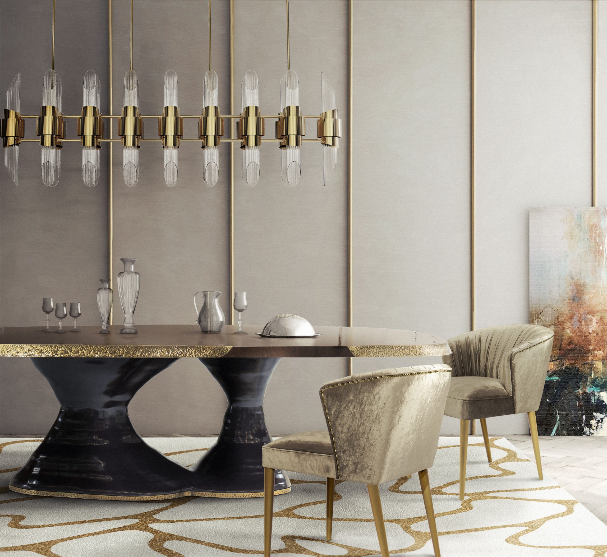 cell rug in dining room with black and gold dinin table