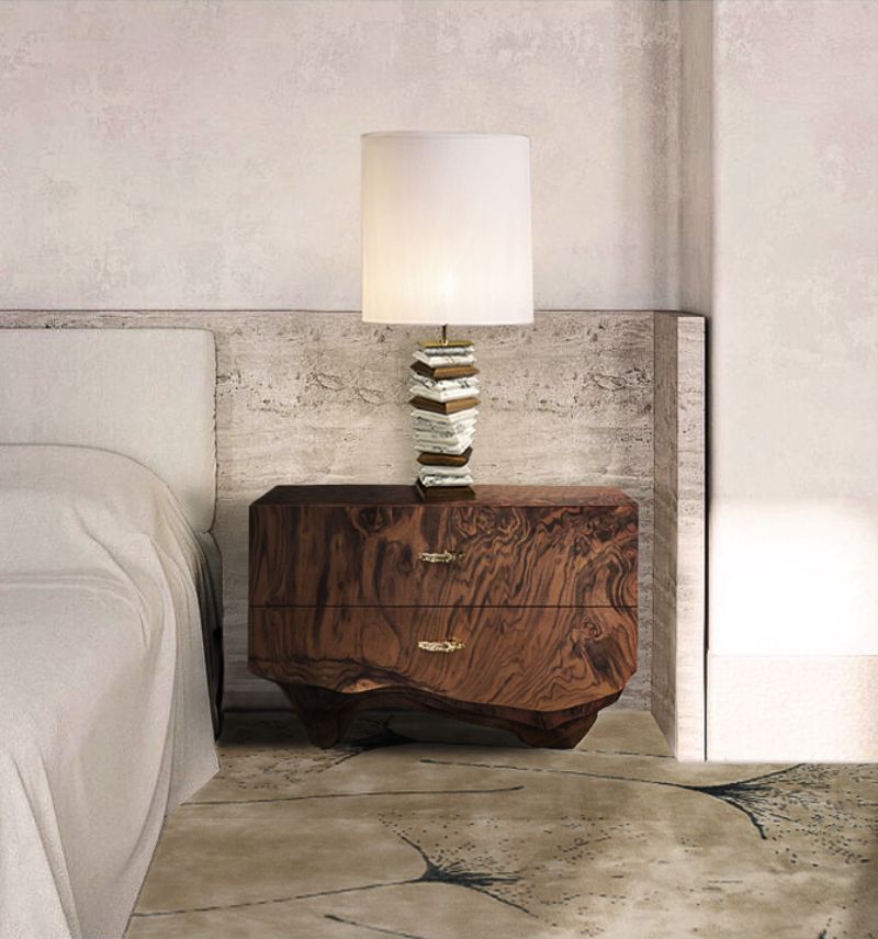 Rug's Inspirations For a Fantastic Home Interior Modern Bedroom with the Macushi Rug in brownish tones. The nightstand has a wooden pattern that matches with the rug and brings emphasizes to the natural materials of the furniture. It is elegant yet simplistic.