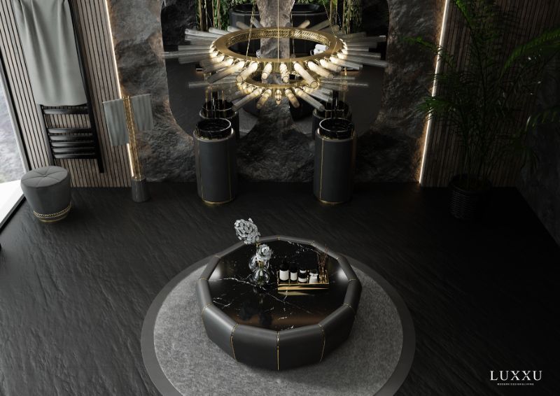 Rug's Inspirations For a Fantastic Home Interior, Modern Classic Bathroom in Black and gray tones. A round light gray rug contrasts with the dark floor and makes it the focal point of the room underneath the bathtub.