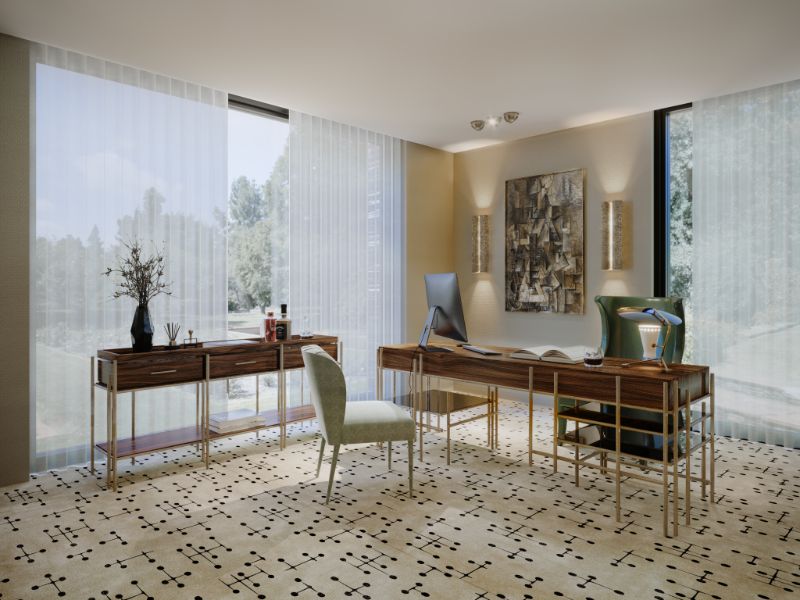 Rug's Inspirations For a Fantastic Home Interior Modern Contemporary office with the Umlaza Rug in neutral tones. The wooden pattern furniture gives it a rustic touch while the golden lights add a touch of sophistication.