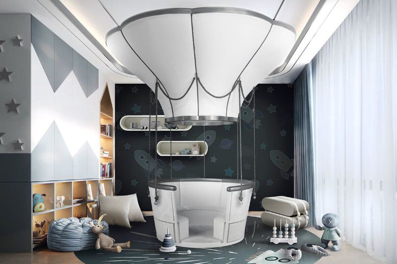 Space-Inspired Rugs That Your child will Love child room Thunder rocket round rug white and gray tones, space rocket