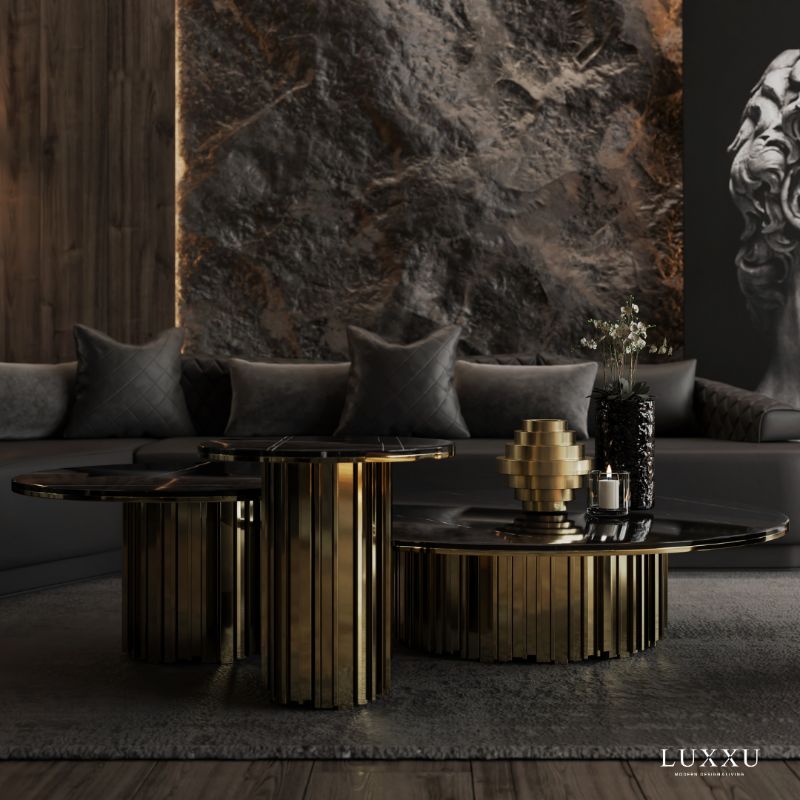 The Best Modern Rugs For Your Living Room & Hallway, Modern Classic Living Room with a gray rug that contrasts with the golden coffee tables.