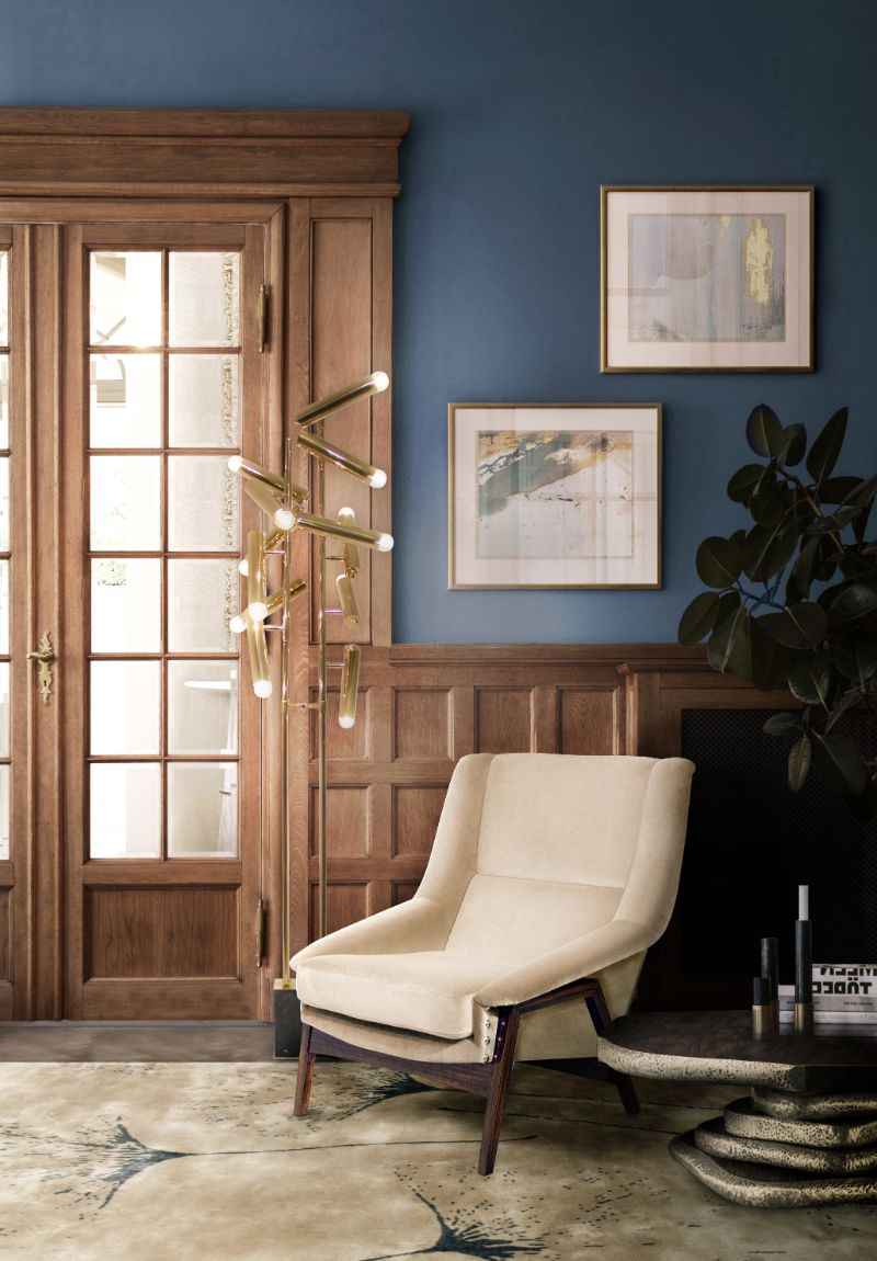 contemporary reading room with neutral colors, the Yupik rug decorates the floors of this interior with a white armchair and standing lamp.  10 Insane Modern Rugs For A Stylish Interior