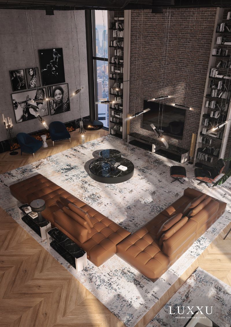 Here's how to sophisticate your living room with a classy rug, Modern Contemporary living room with a large area rug in black and gray