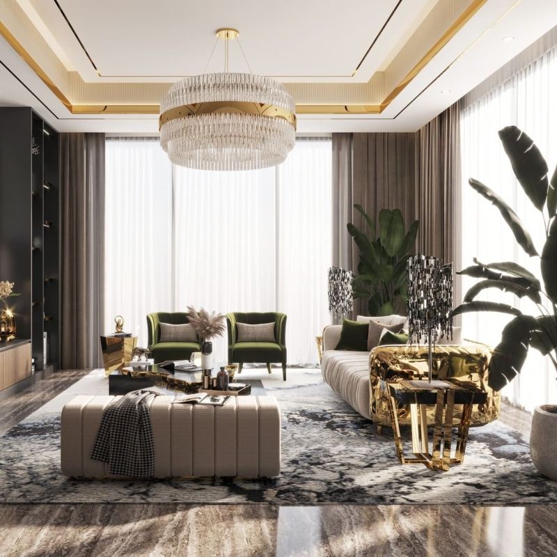 Here's how to sophisticate your living room with a classy rug. Modern living room in neutral and golden colors