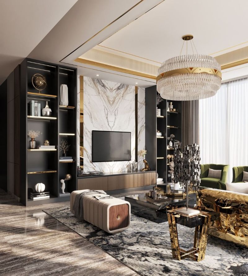 Here's how to sophisticate your living room with a classy rug. Prestigious large living room in gold and gray colors with an area classy rug in black and white