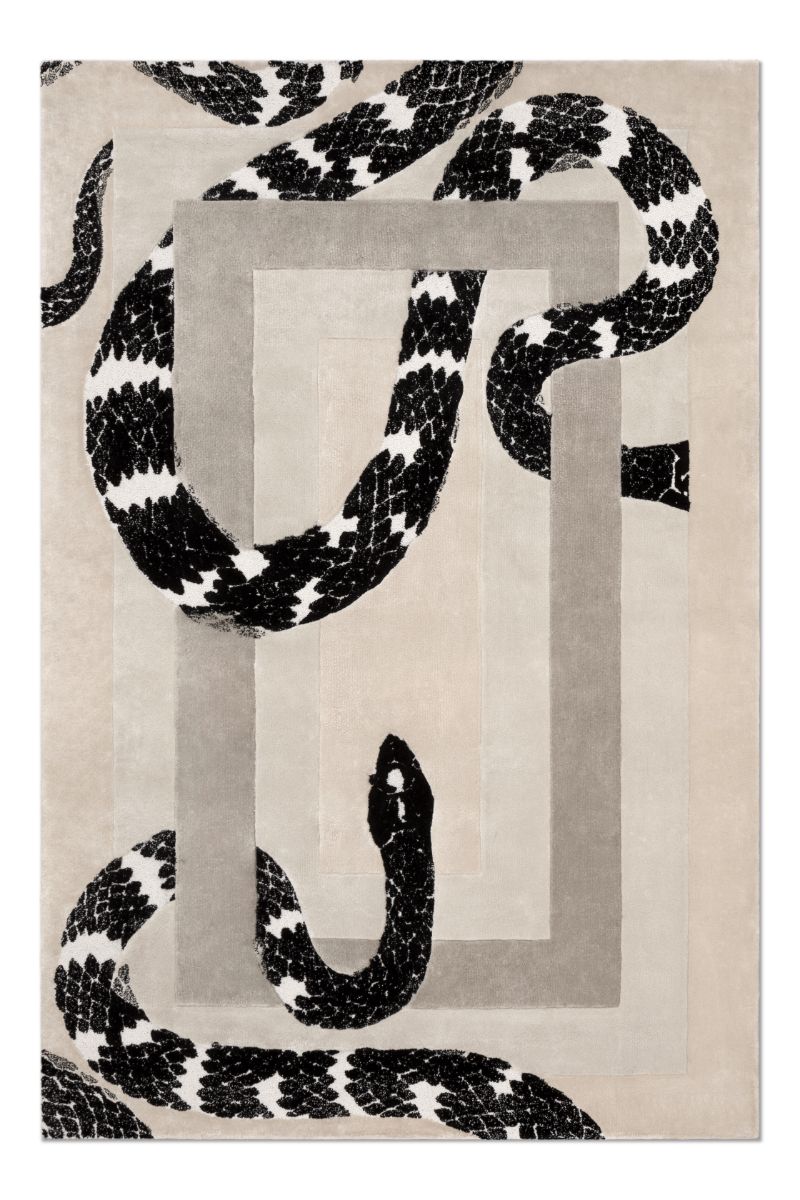 A neutral area rug with a snake pattern.