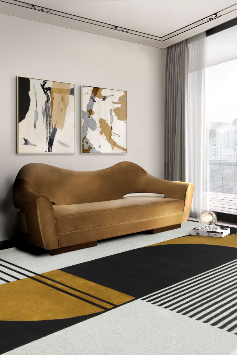 20 Fantastic Rugs to Decorate Your Modern Living Room, modern midcentury living room with antelope rug, brown sofa