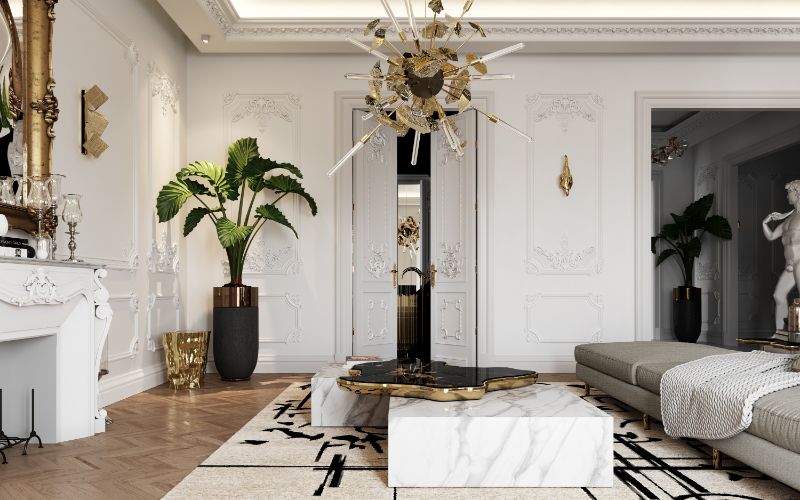 20 Fantastic Rugs to Decorate Your Modern Living Room, modern classic living room with Black Ink Rug, Lapizar center table and golden hanging light lamp, imperctio sofa